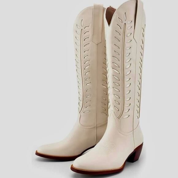 Dreamcia Women’s Wide Calf Cowboy Boots|Ivory Embroidery Design|Faux Leather|9.5 - Picture 11 of 16